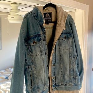 Jean jacket with attached hoodie